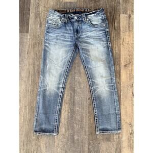 Rock Revival Jeans Men’s 34 Distressed Faded Baldwen Slim Straight Blue Denim